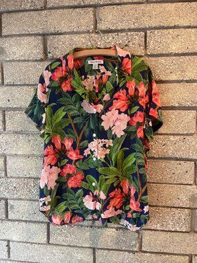 Tommy Bahama Womens 100% Silk Floral Button-Up Blouse In Navy & Pink Size Large